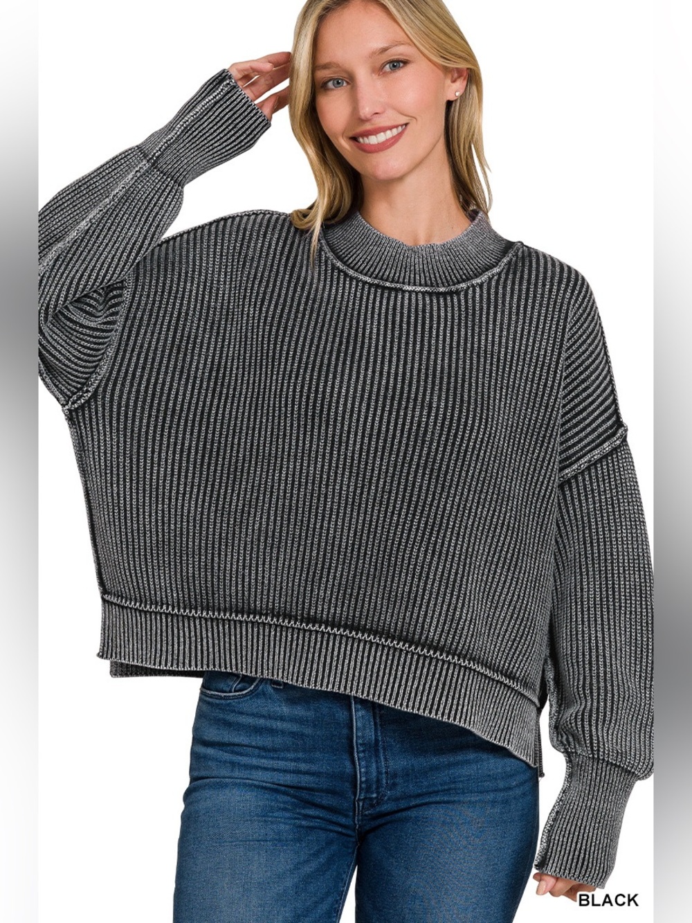 Zenana Black Washed Side Slit Oversized Cropped Sweater